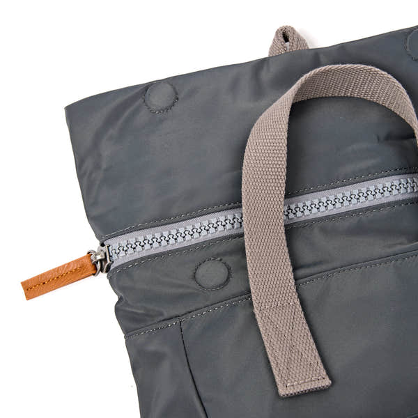 Roka Canfield Small Beluga Recycled Nylon Backpack, zip detail.