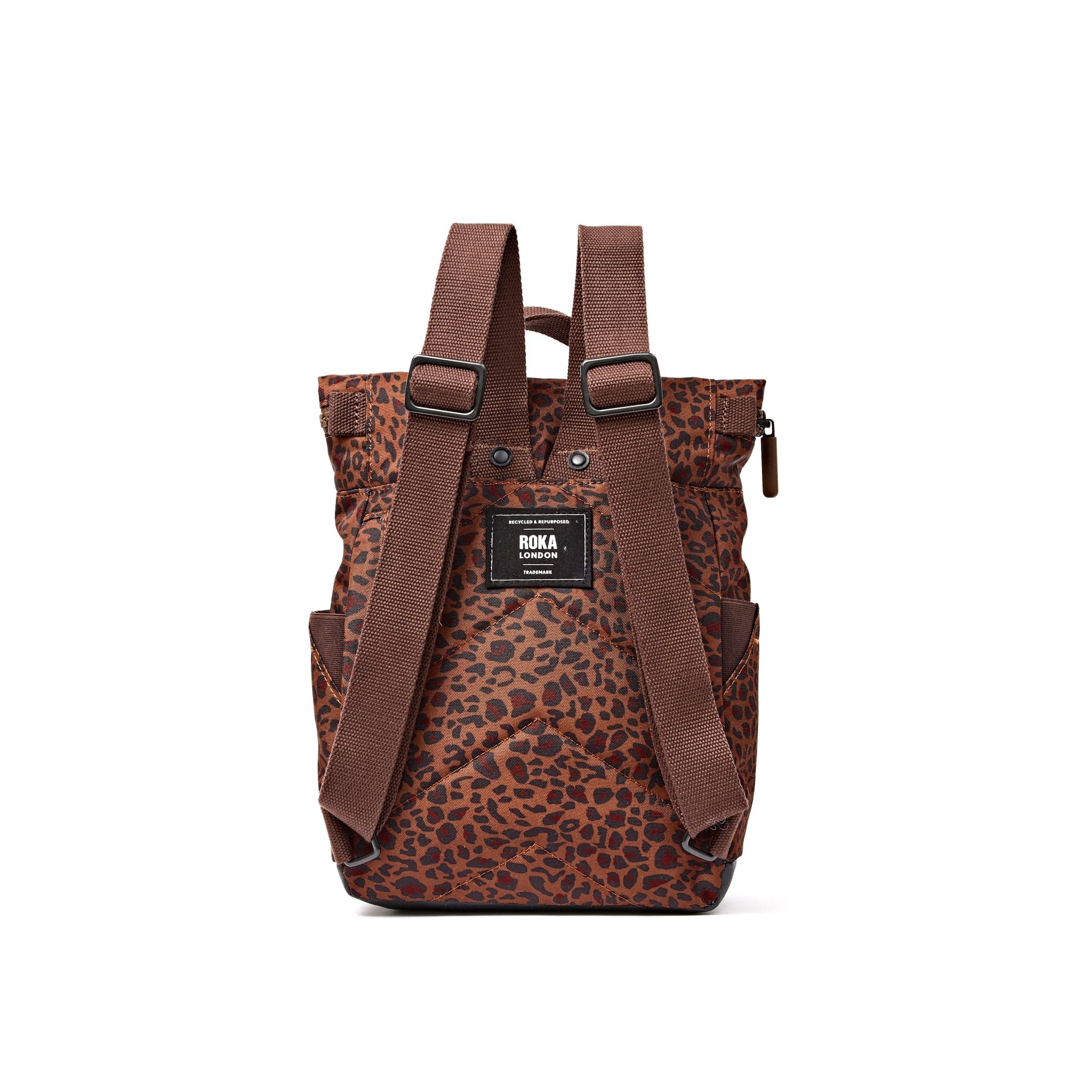 Roka Canfield Small Mini Leopard Recycled Canvas Backpack, back view.
