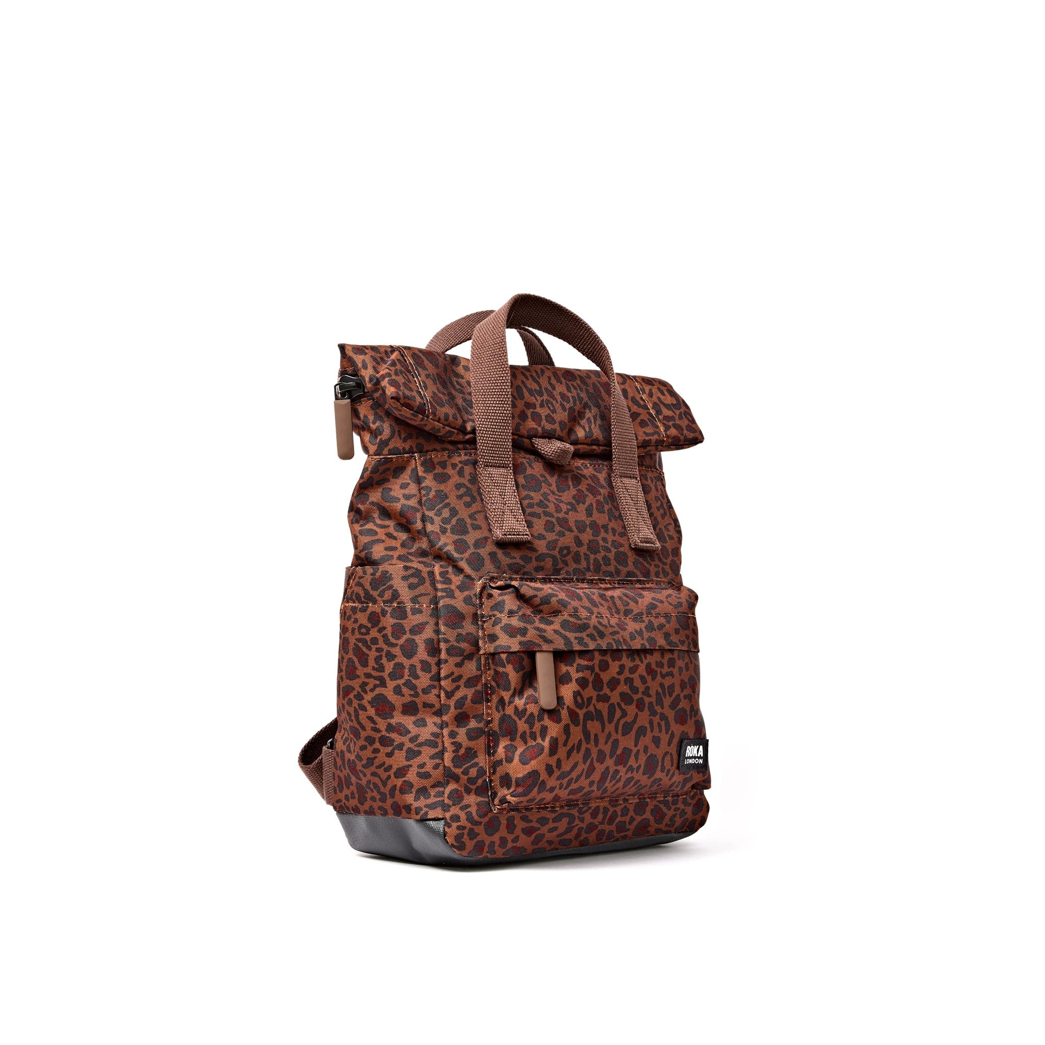 Roka Canfield Small Mini Leopard Recycled Canvas Backpack, side view.