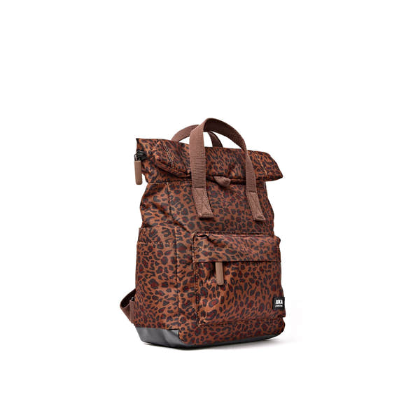 Roka Canfield Small Mini Leopard Recycled Canvas Backpack, side view.