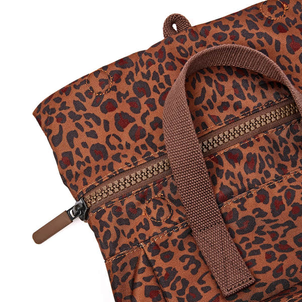 Roka Canfield Small Mini Leopard Recycled Canvas Backpack, zip detail.