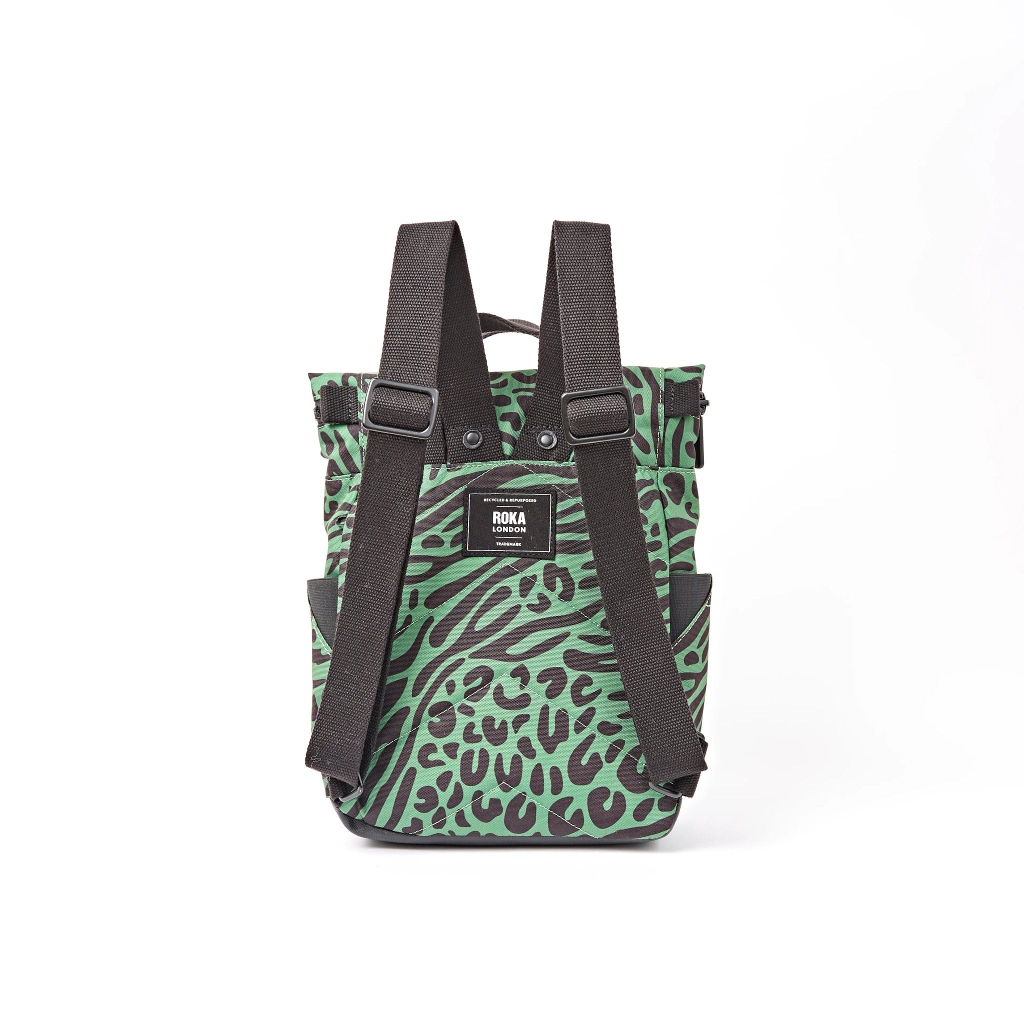 Roka Canfield Small Mixed Animal Artichoke Recycled Canvas Backpack, back view.