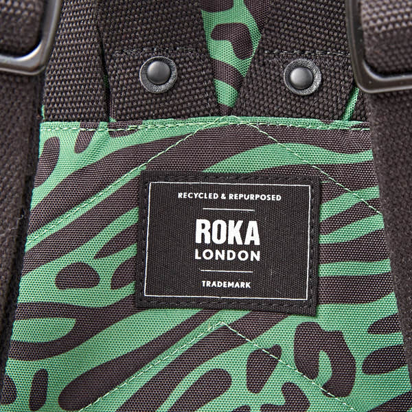 Roka Canfield Small Mixed Animal Artichoke Recycled Canvas Backpack, brand label detail.