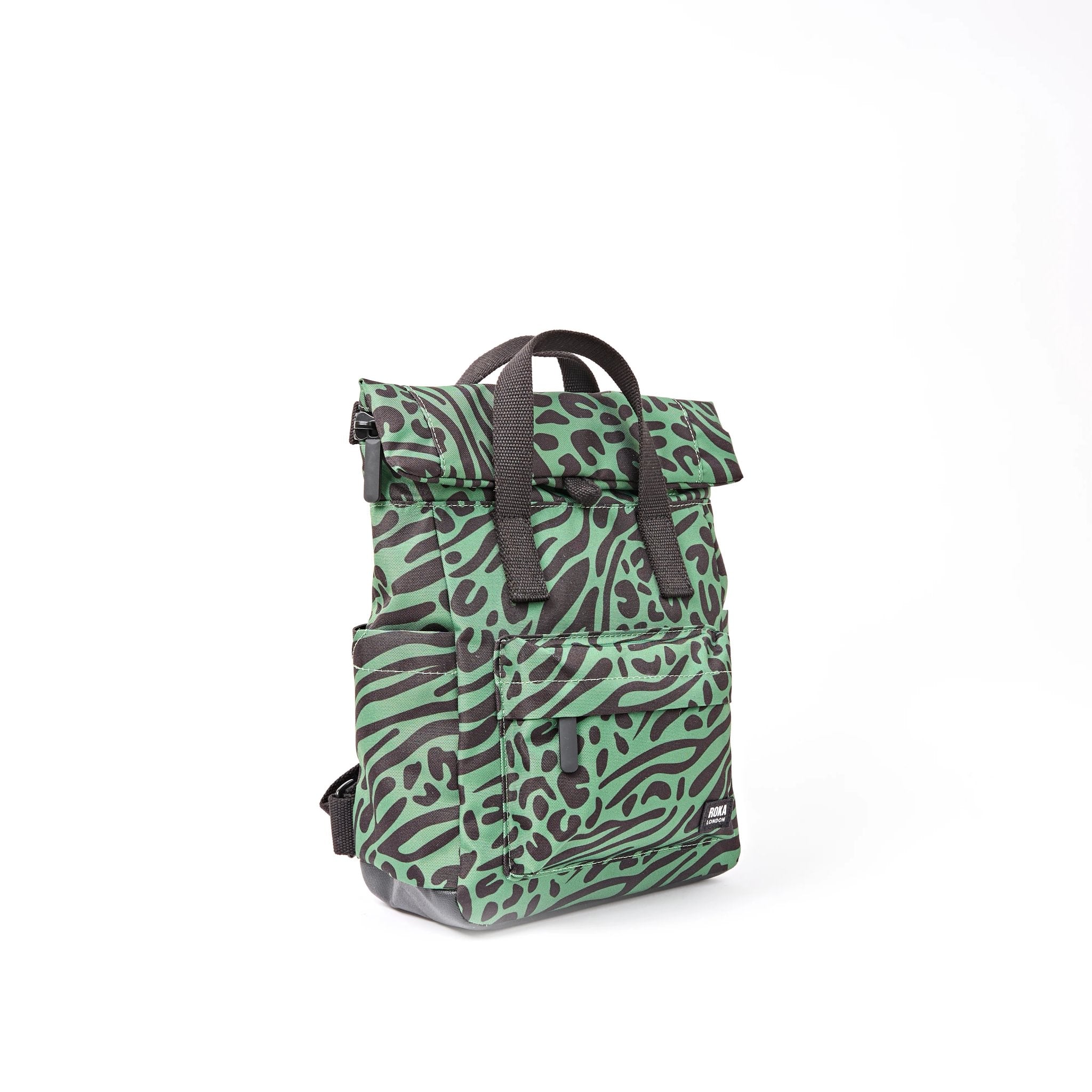 Roka Canfield Small Mixed Animal Artichoke Recycled Canvas Backpack, side view.