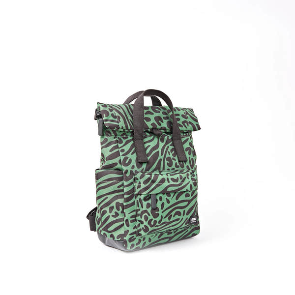 Roka Canfield Small Mixed Animal Artichoke Recycled Canvas Backpack, side view.