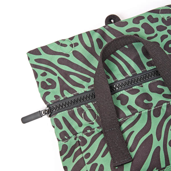 Roka Canfield Small Mixed Animal Artichoke Recycled Canvas Backpack, zip detail.