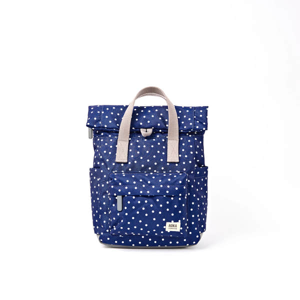 Roka Canfield Small Navy Polka Dot Recycled Canvas Backpack