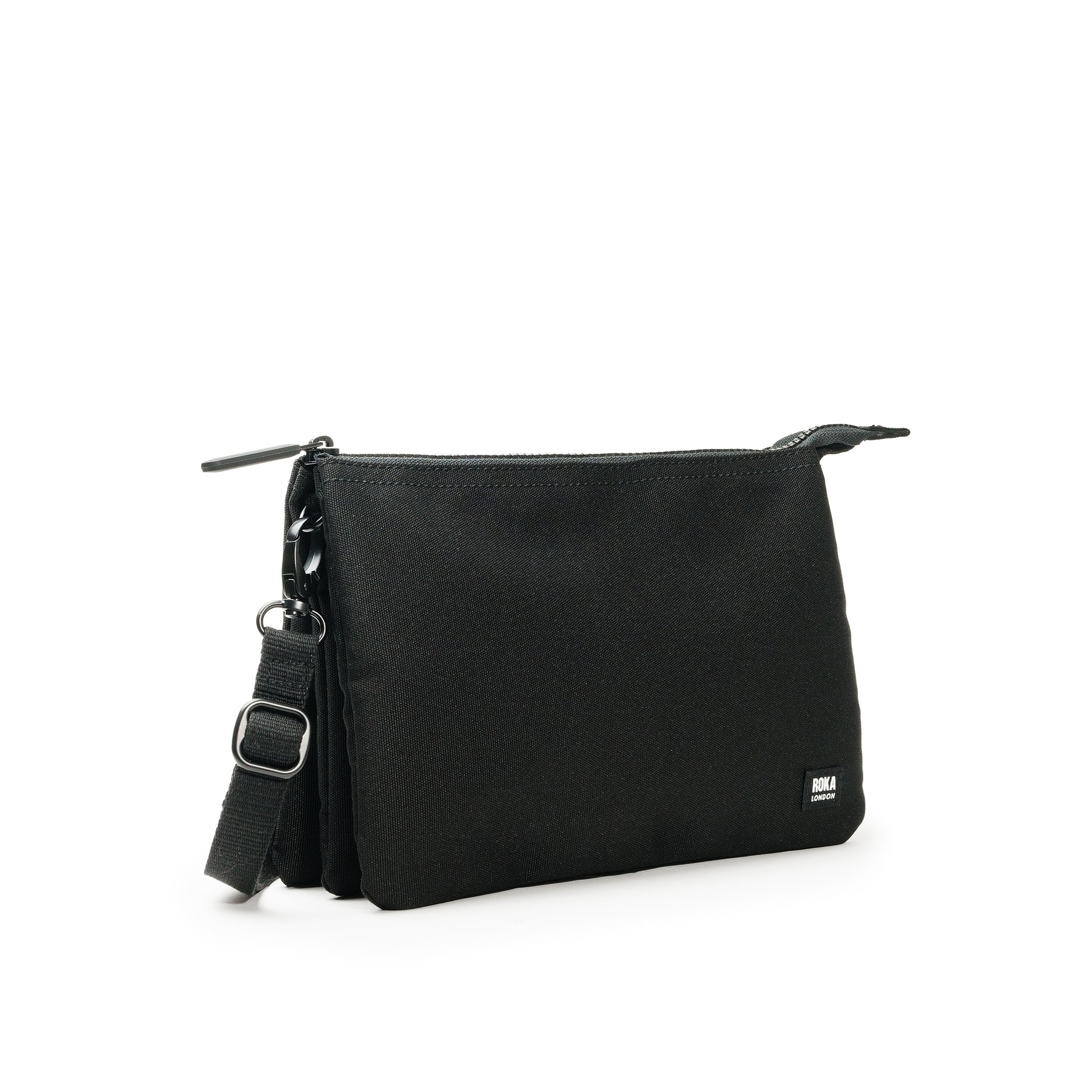 Roka Carnaby Crossbody XL All Black Recycled Canvas, angled view.