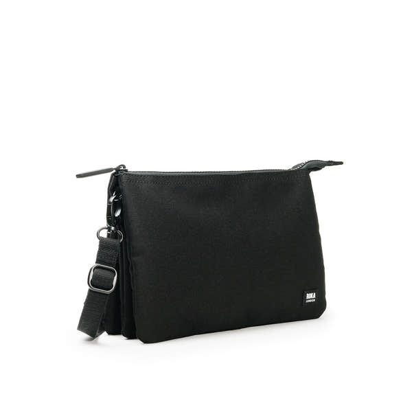 Roka Carnaby Crossbody XL All Black Recycled Canvas, angled view.