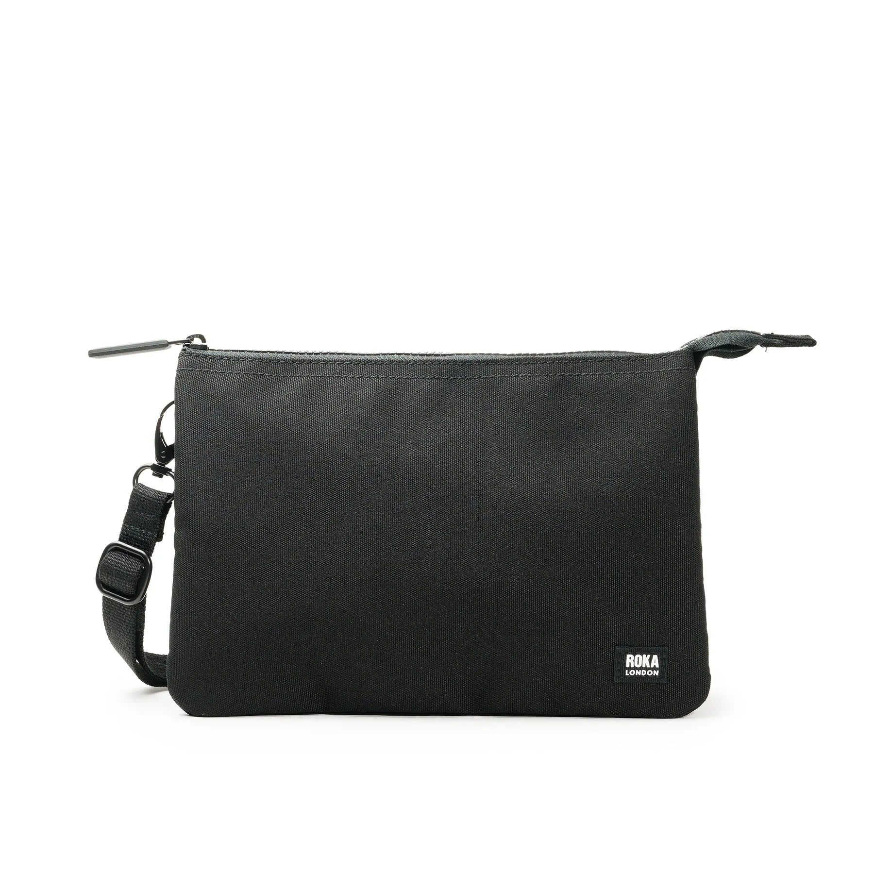 Roka Carnaby Crossbody XL All Black Recycled Canvas, front view.