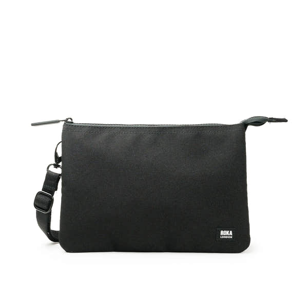 Roka Carnaby Crossbody XL All Black Recycled Canvas, front view.
