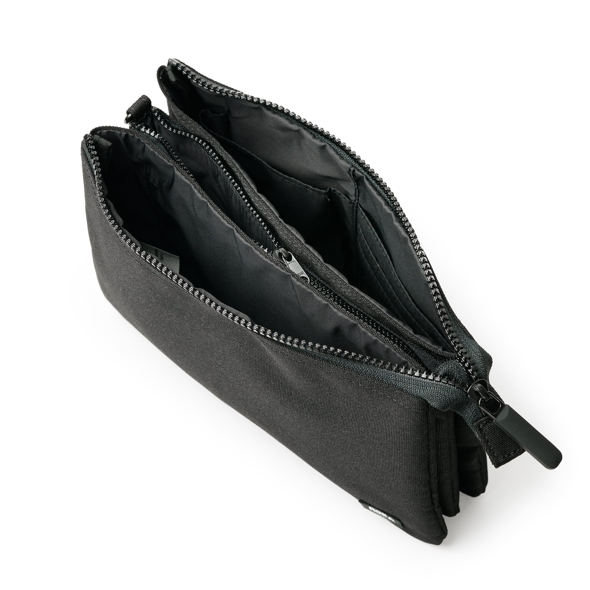 Roka Carnaby Crossbody XL All Black Recycled Canvas, top view.