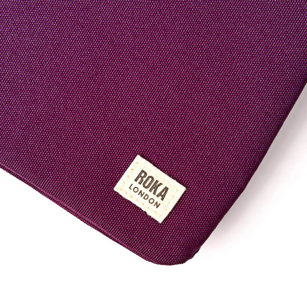 Roka Carnaby Crossbody XL Cherry Lacquer Recycled Canvas Extra Large, brand label detail.