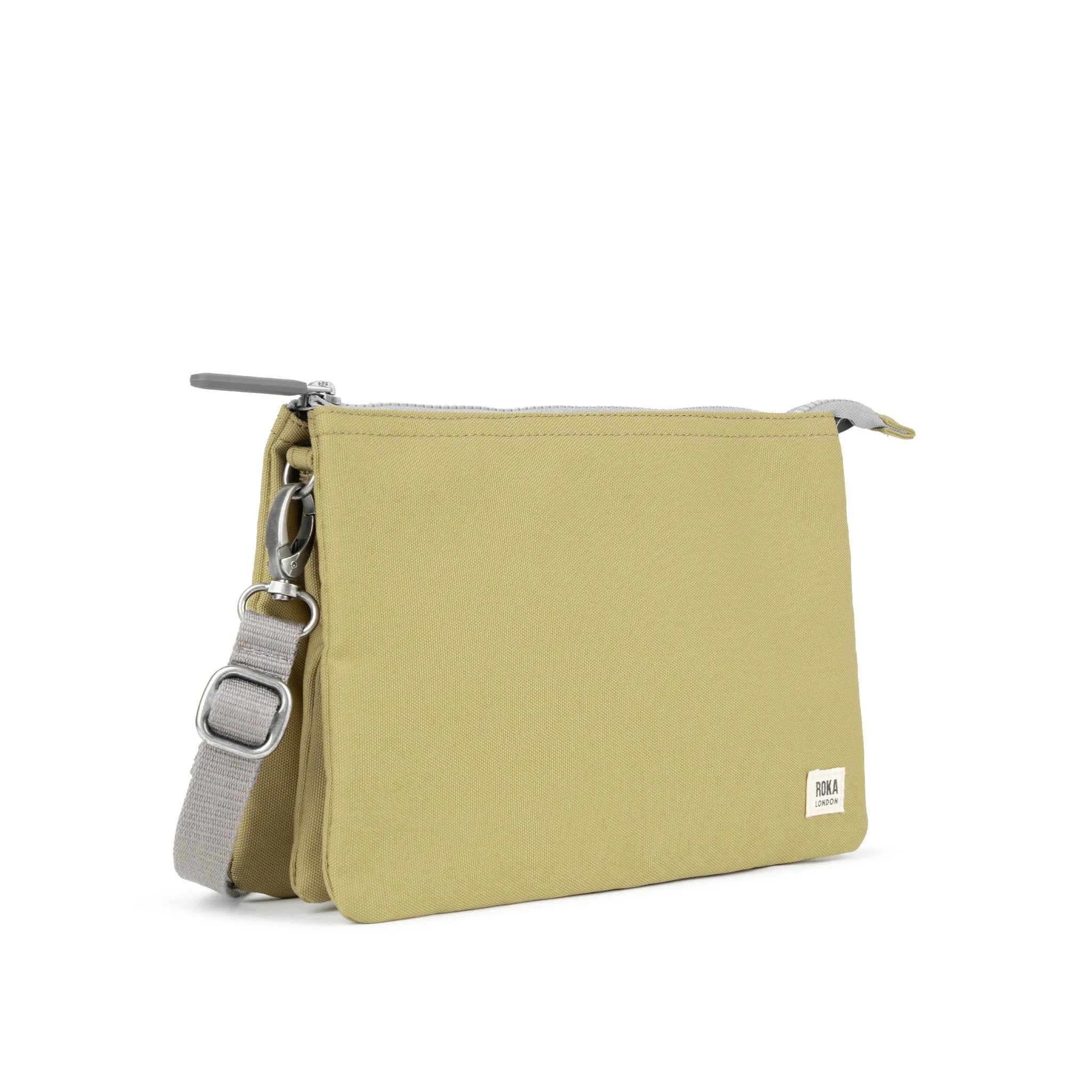 Roka Carnaby Crossbody XL Khaki Recycled Canvas, side view.