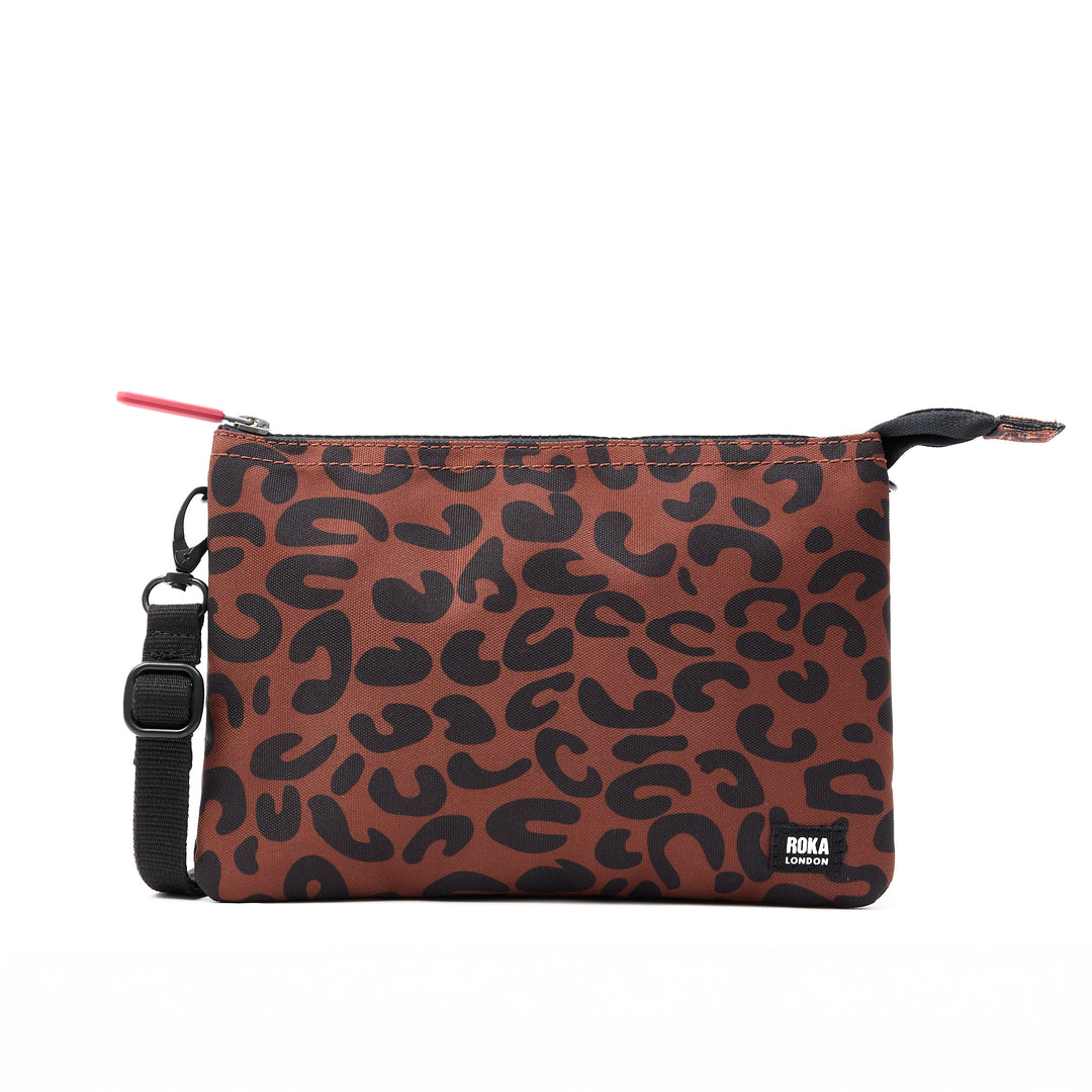 Roka Carnaby Crossbody XL Leopard Print Recycled Canvas Extra Large, front view.