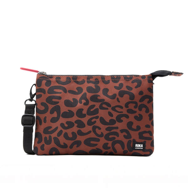 Roka Carnaby Crossbody XL Leopard Print Recycled Canvas Extra Large, front view.