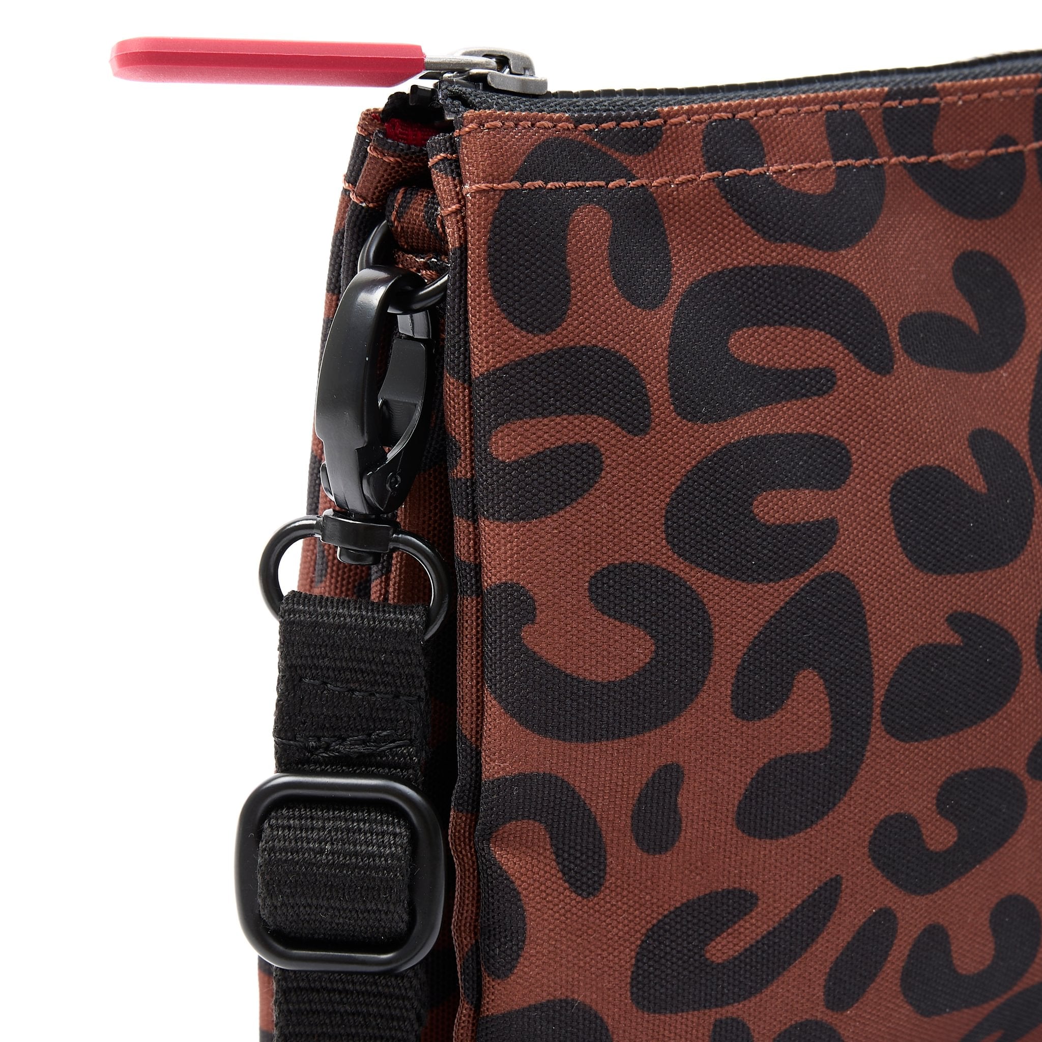Roka Carnaby Crossbody XL Leopard Print Recycled Canvas Extra Large, hardware detail.