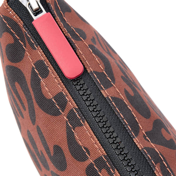 Roka Carnaby Crossbody XL Leopard Print Recycled Canvas Extra Large, zip detail.