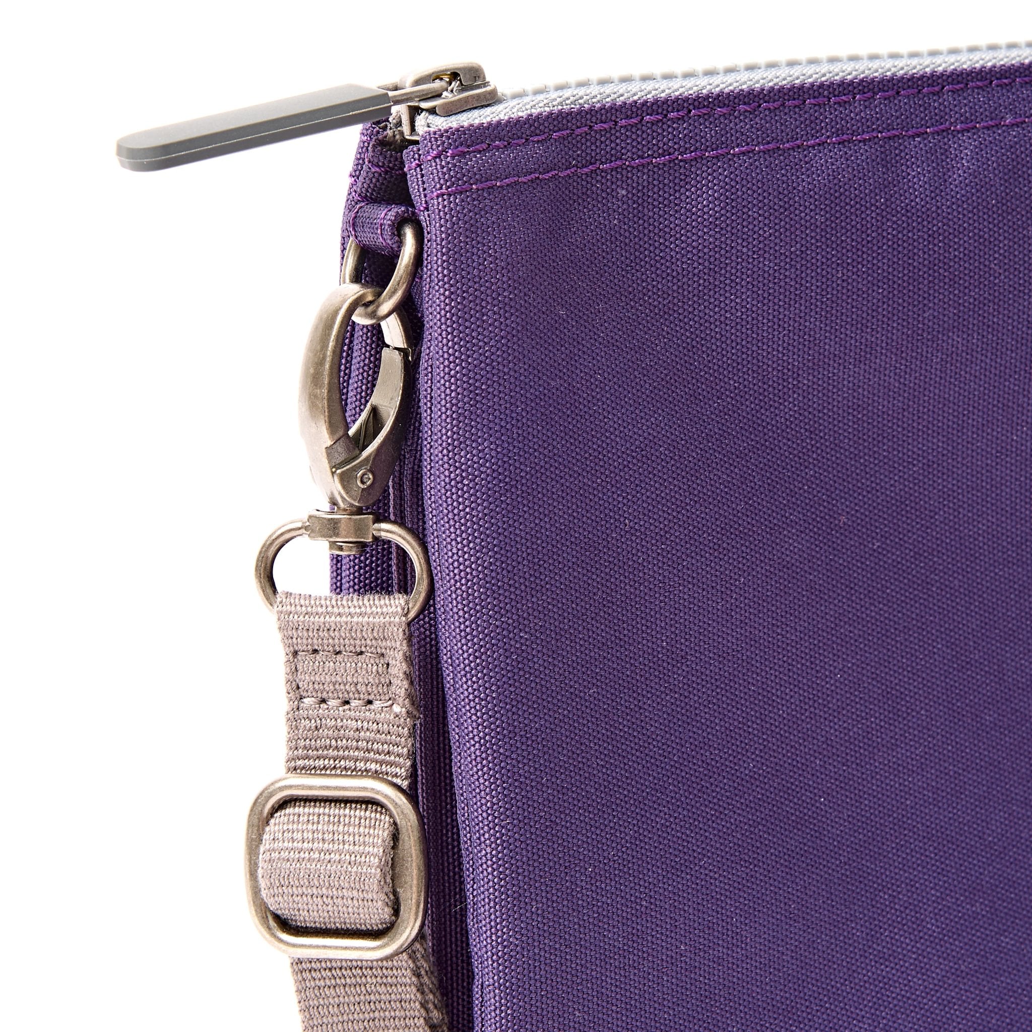 Roka Carnaby XL Deep Grape Recycled Canvas Crossbody Bag, hardware detail.