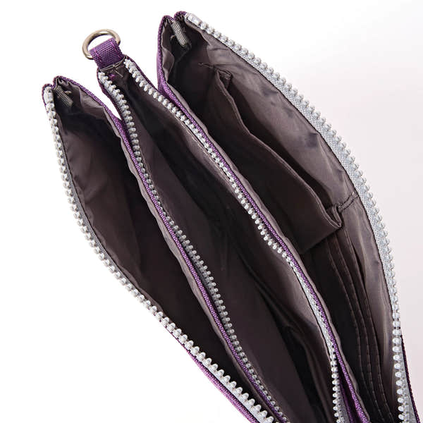 Roka Carnaby XL Deep Grape Recycled Canvas Crossbody Bag, side view.