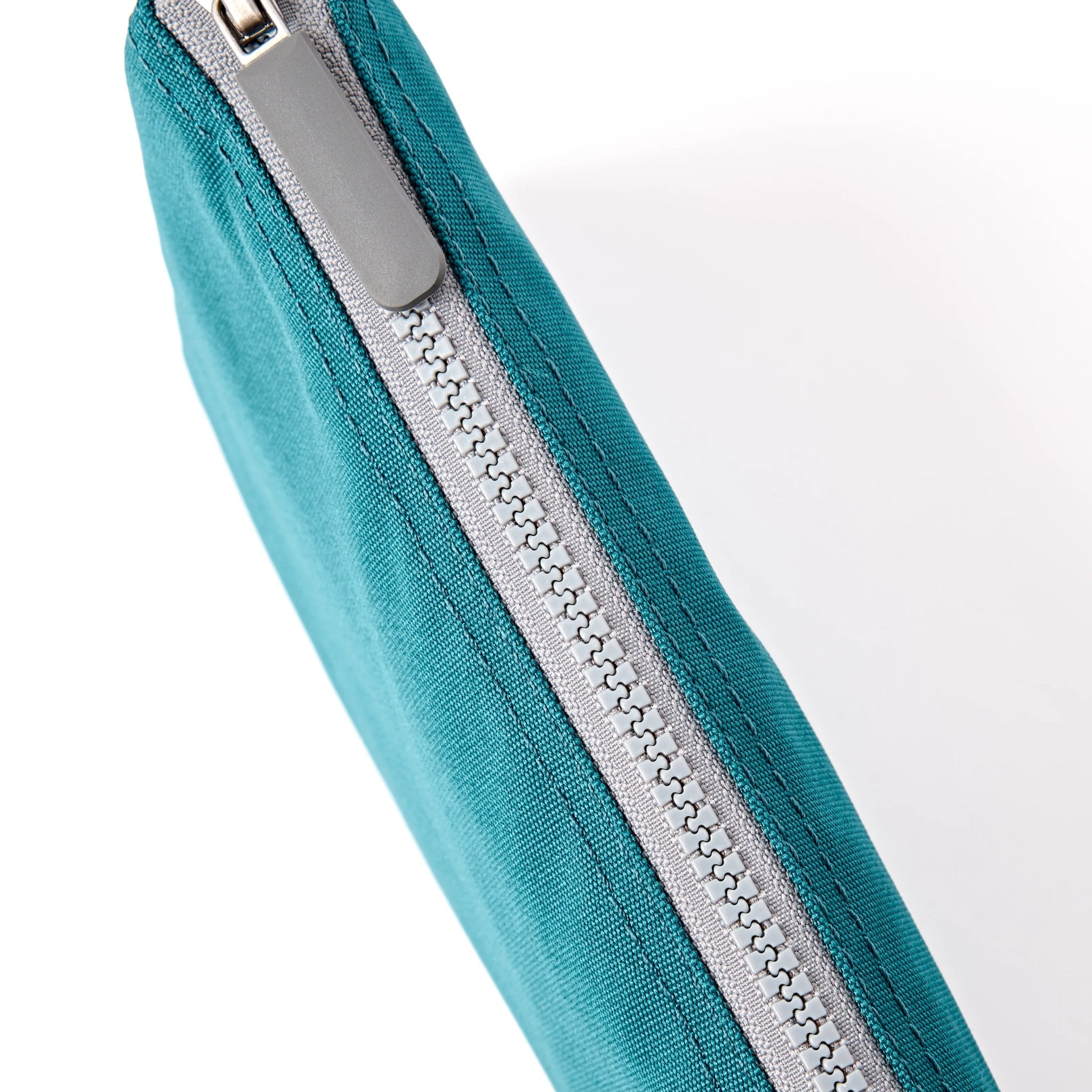 Roka Carnaby XL Deep Teal Recycled Canvas Crossbody Bag, zip detail.