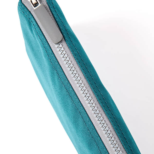 Roka Carnaby XL Deep Teal Recycled Canvas Crossbody Bag, zip detail.