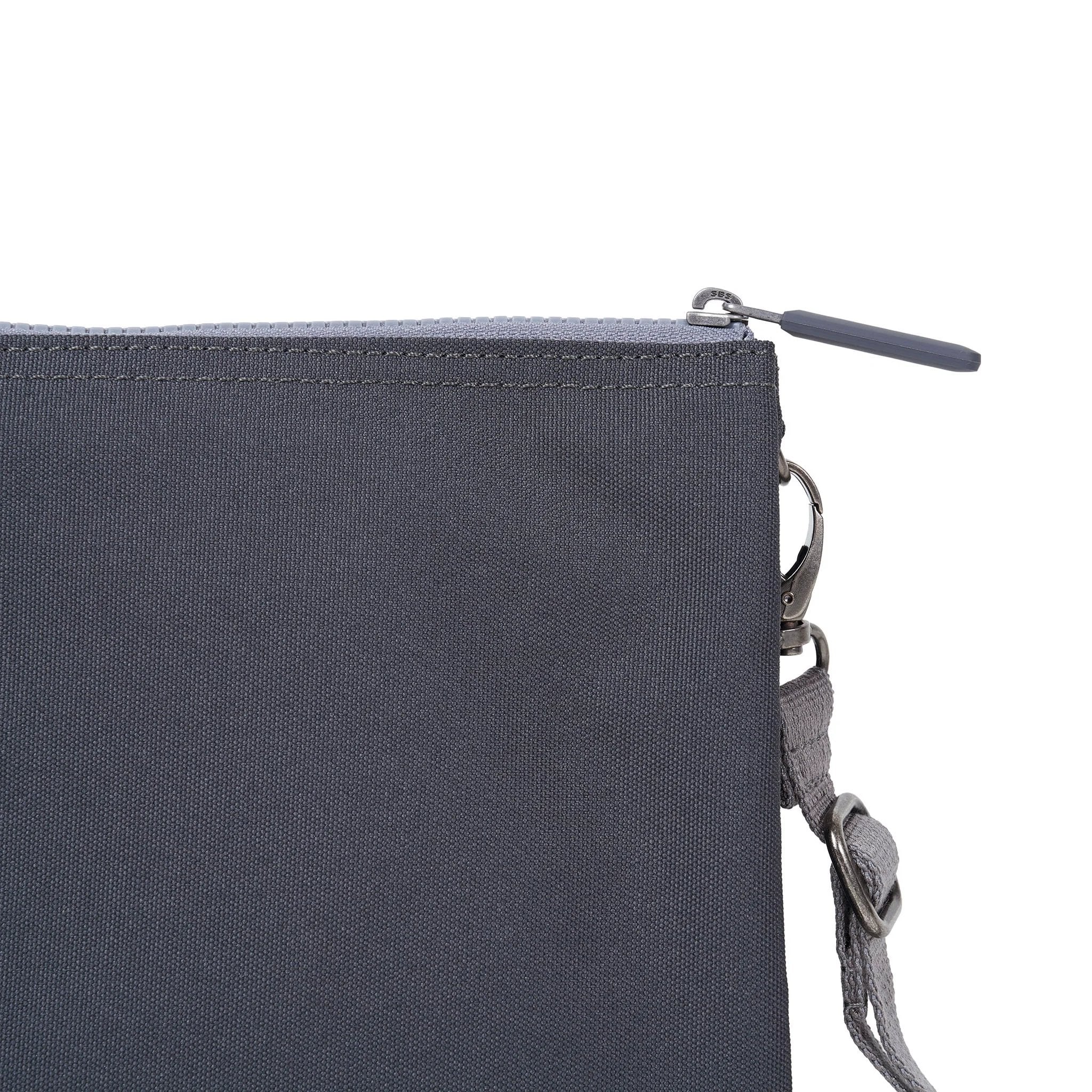 Roka Carnaby XL Faded Black Recycled Canvas Crossbody Bag, hardware detail.