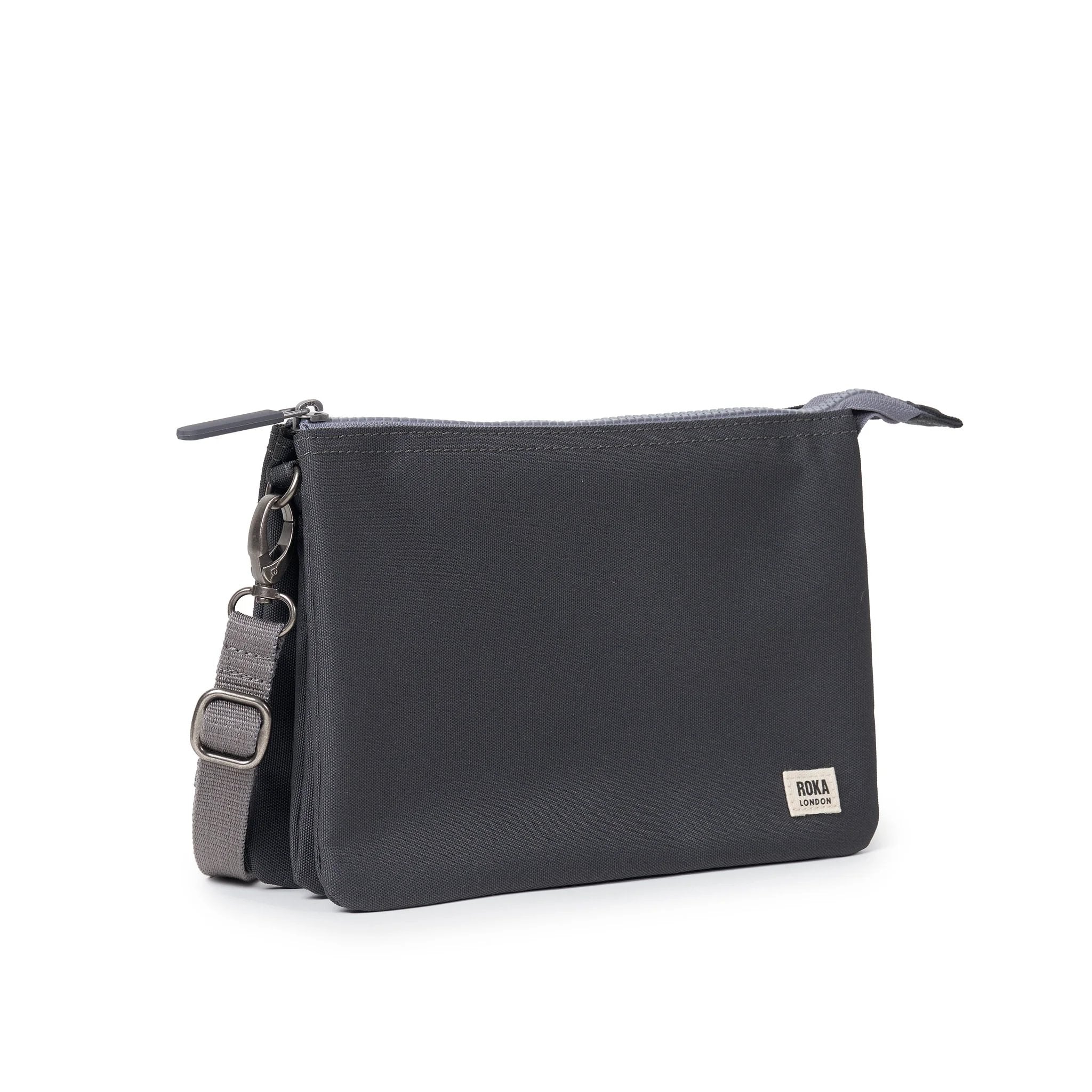 Roka Carnaby XL Faded Black Recycled Canvas Crossbody Bag, side view.
