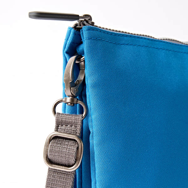 Roka Carnaby XL Malibu Blue Recycled Canvas Crossbody Bag, hardware detail.