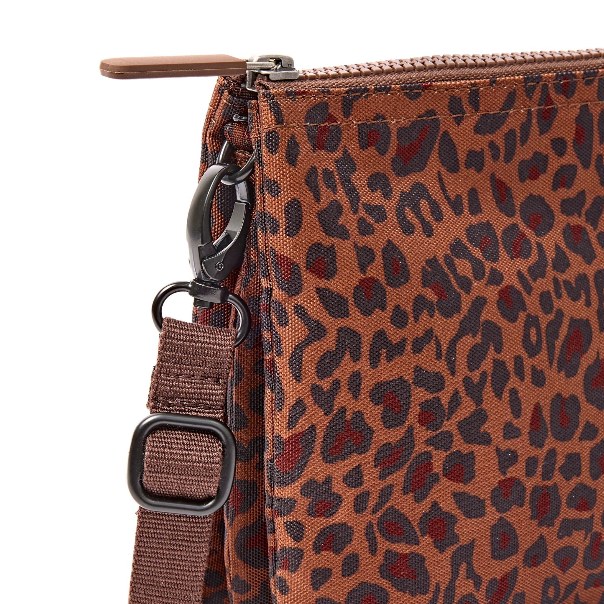 Roka Carnaby XL Mini Leopard Recycled Canvas Crossbody Bag, hardware detail.