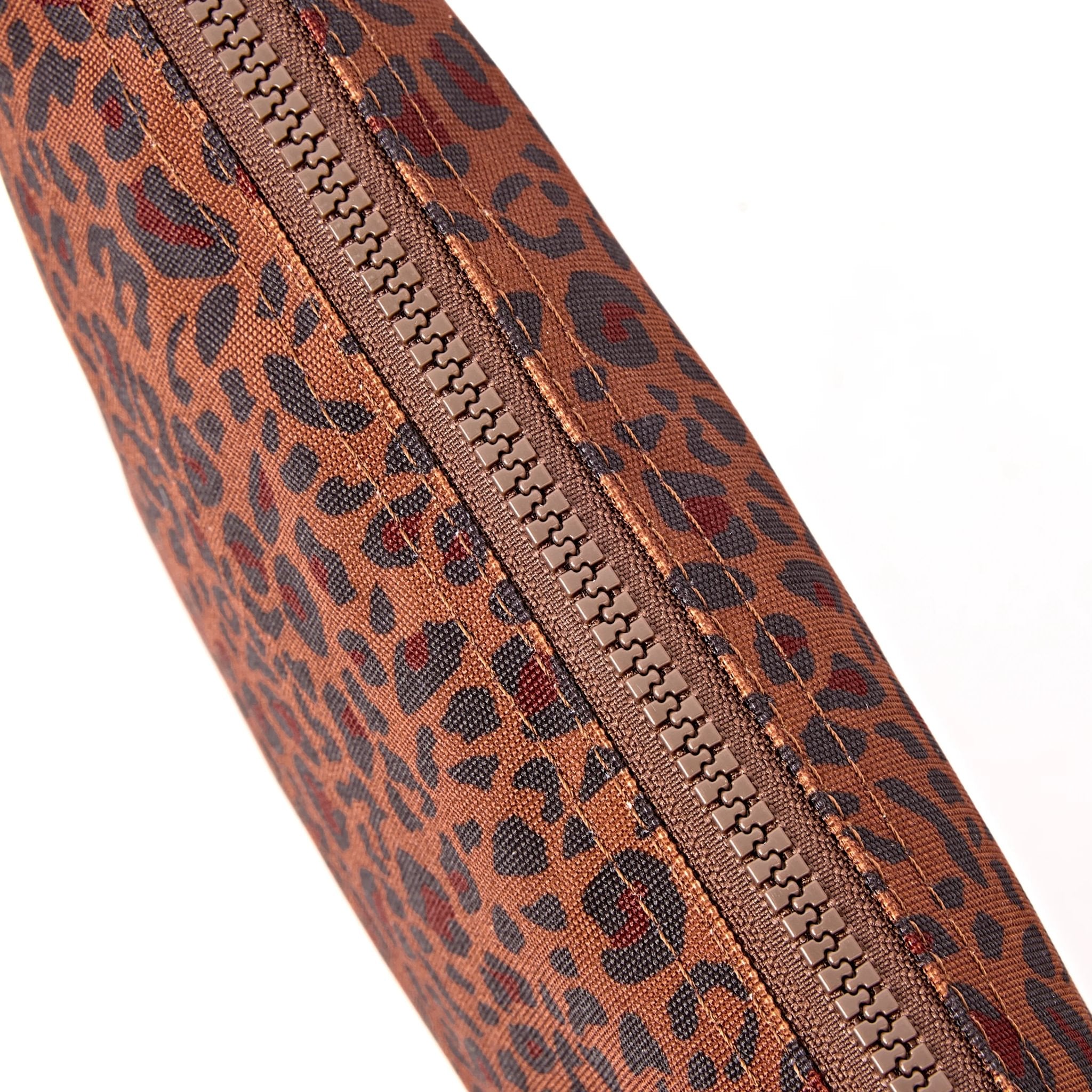 Roka Carnaby XL Mini Leopard Recycled Canvas Crossbody Bag, zip detail.