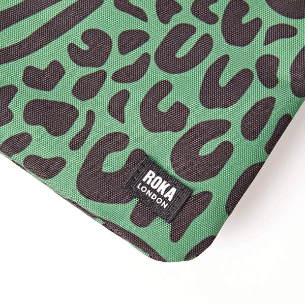Roka Carnaby XL Mixed Animal Artichoke Recycled Canvas Crossbody Bag, brand label detail.