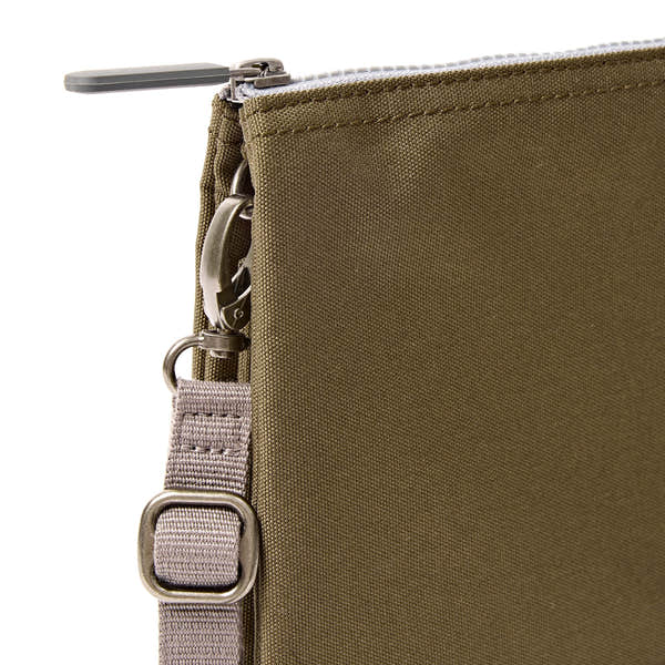 Roka Carnaby XL Sea Spray Recycled Canvas Crossbody Bag, hardware detail.