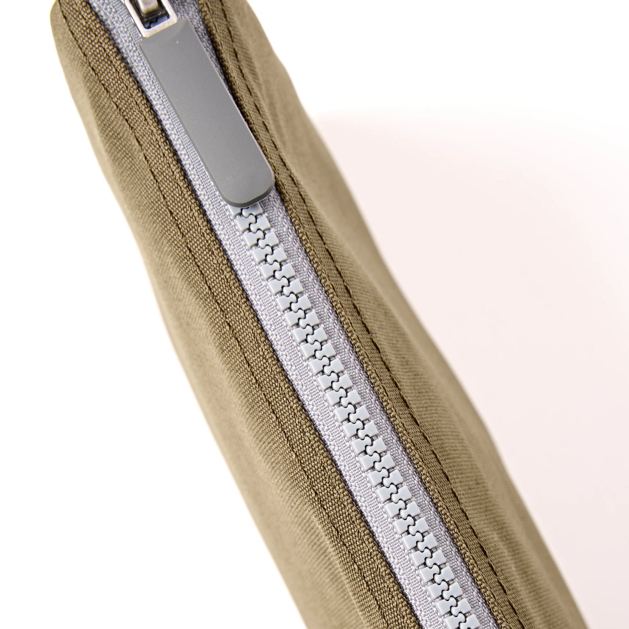 Roka Carnaby XL Sea Spray Recycled Canvas Crossbody Bag, zip detail.