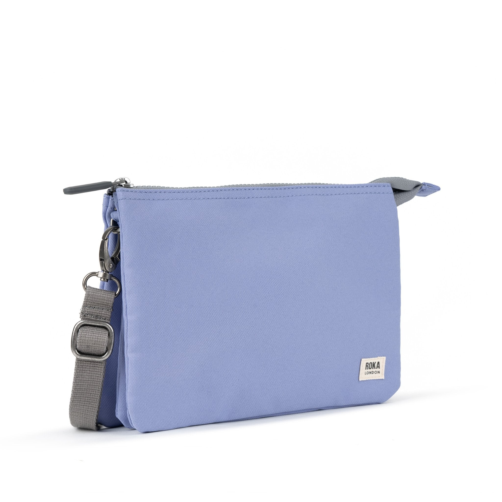 Roka Carnaby XL Thistle Recycled Canvas Crossbody Bag, side view.