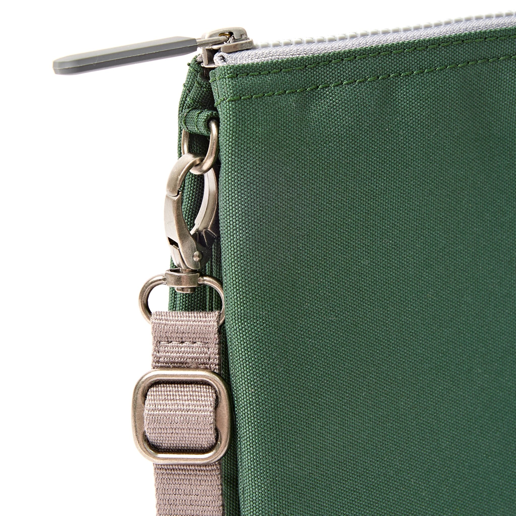 Roka Carnaby XL Thunderstorm Recycled Canvas Crossbody Bag, hardware detail.