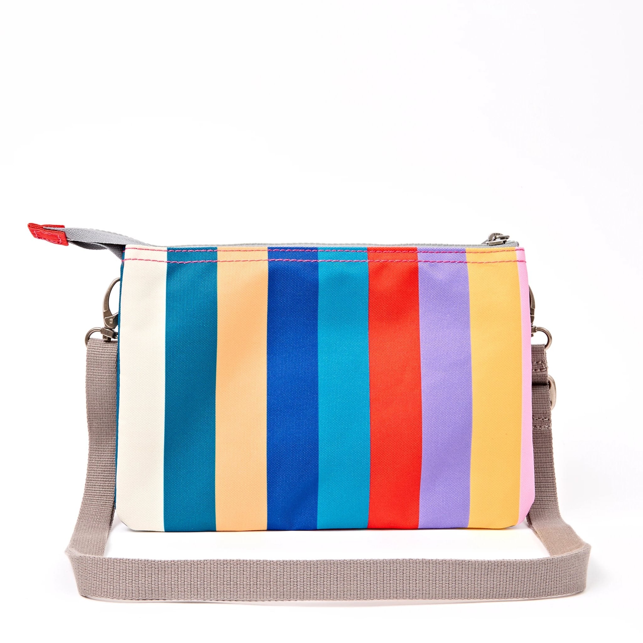 Roka Carnaby XL Wide Multi Stripe Recycled Canvas Crossbody Bag, back view.
