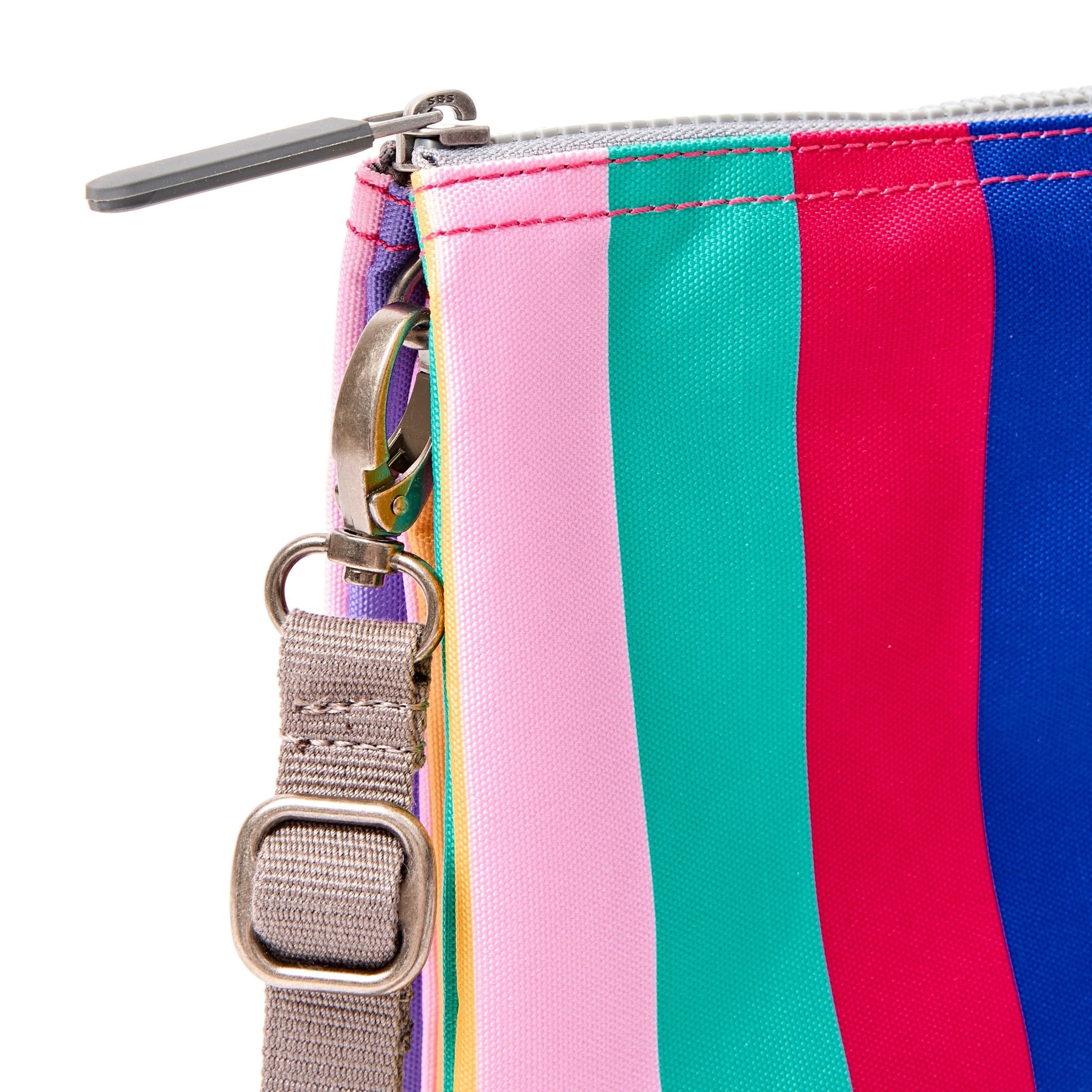 Roka Carnaby XL Wide Multi Stripe Recycled Canvas Crossbody Bag, hardware detail.