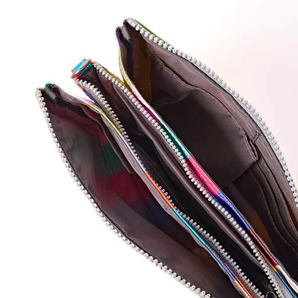 Roka Carnaby XL Wide Multi Stripe Recycled Canvas Crossbody Bag, side view.