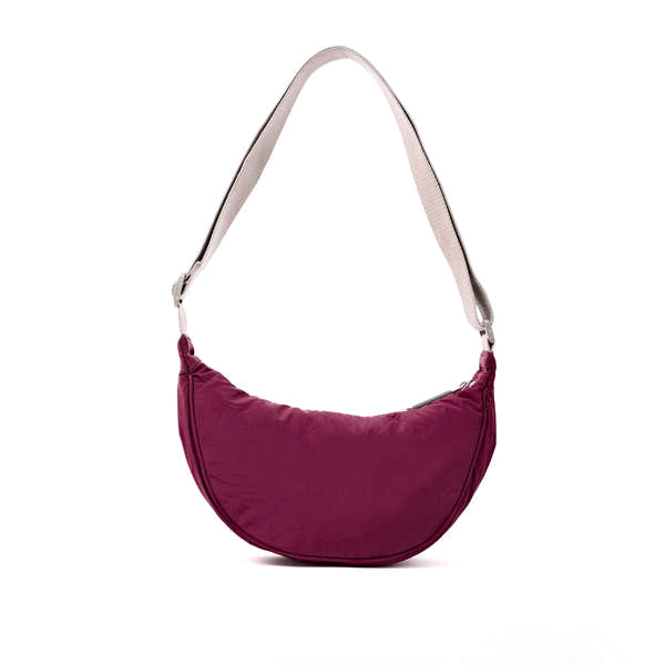 Roka Farringdon Merlot Recycled Taslon Half Moon Bag, back view.