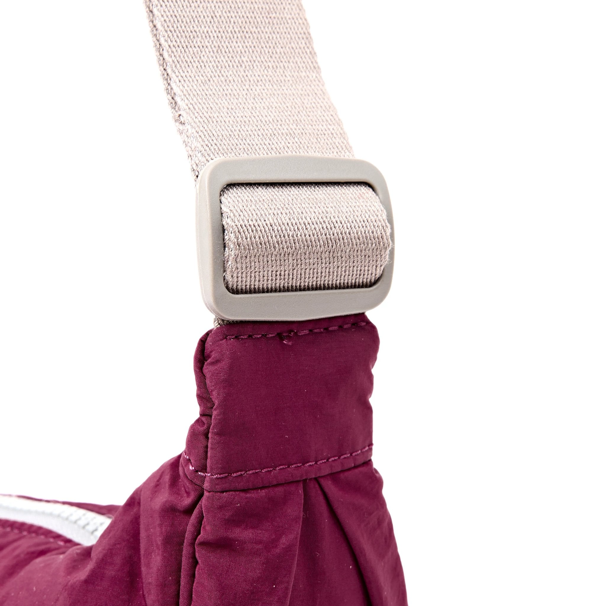 Roka Farringdon Merlot Recycled Taslon Half Moon Bag, hardware detail.