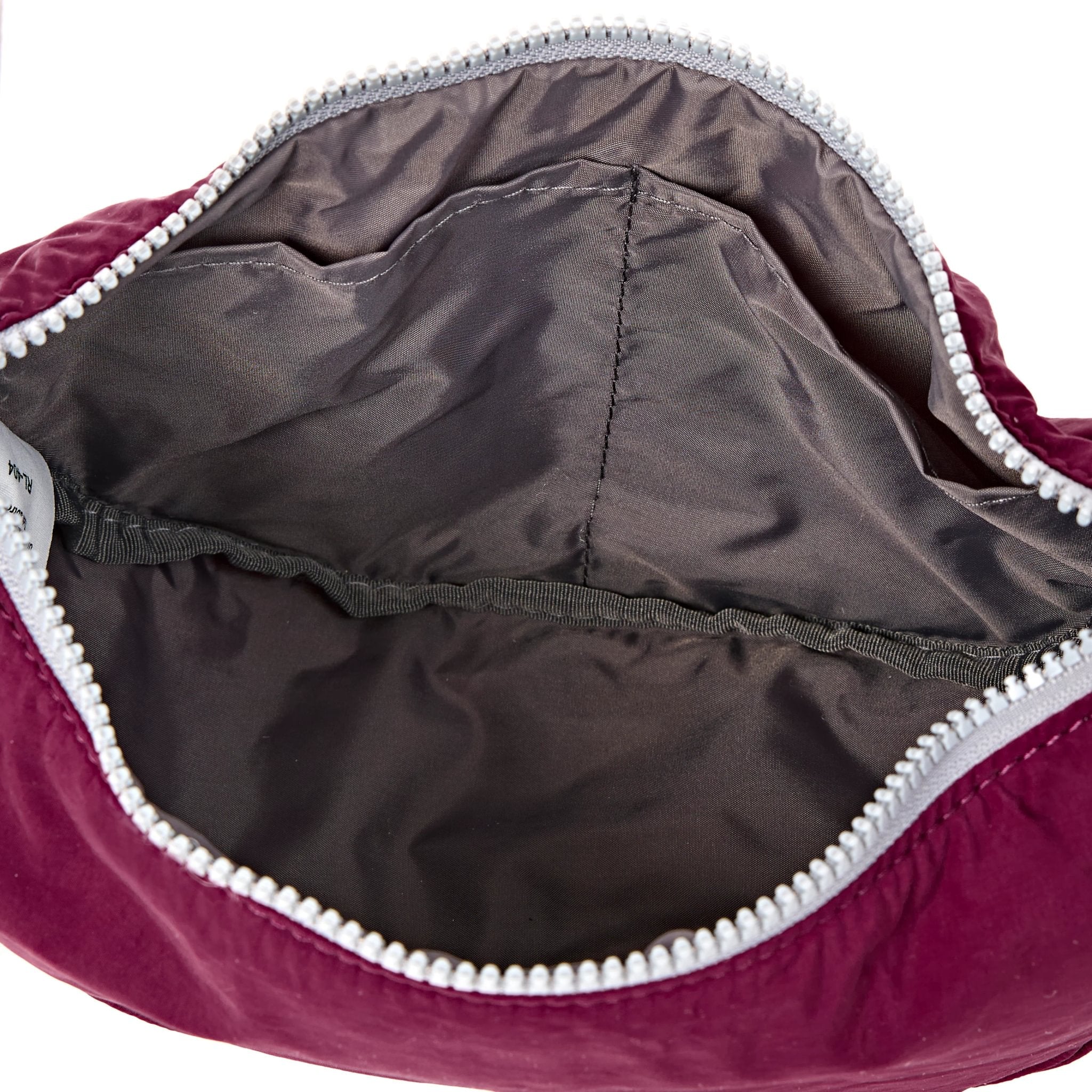 Roka Farringdon Merlot Recycled Taslon Half Moon Bag, side view.