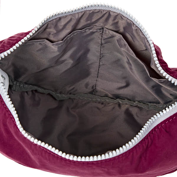 Roka Farringdon Merlot Recycled Taslon Half Moon Bag, side view.