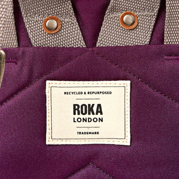 Roka Finchley A Cherry Lacquer Recycled Canvas, brand label detail.