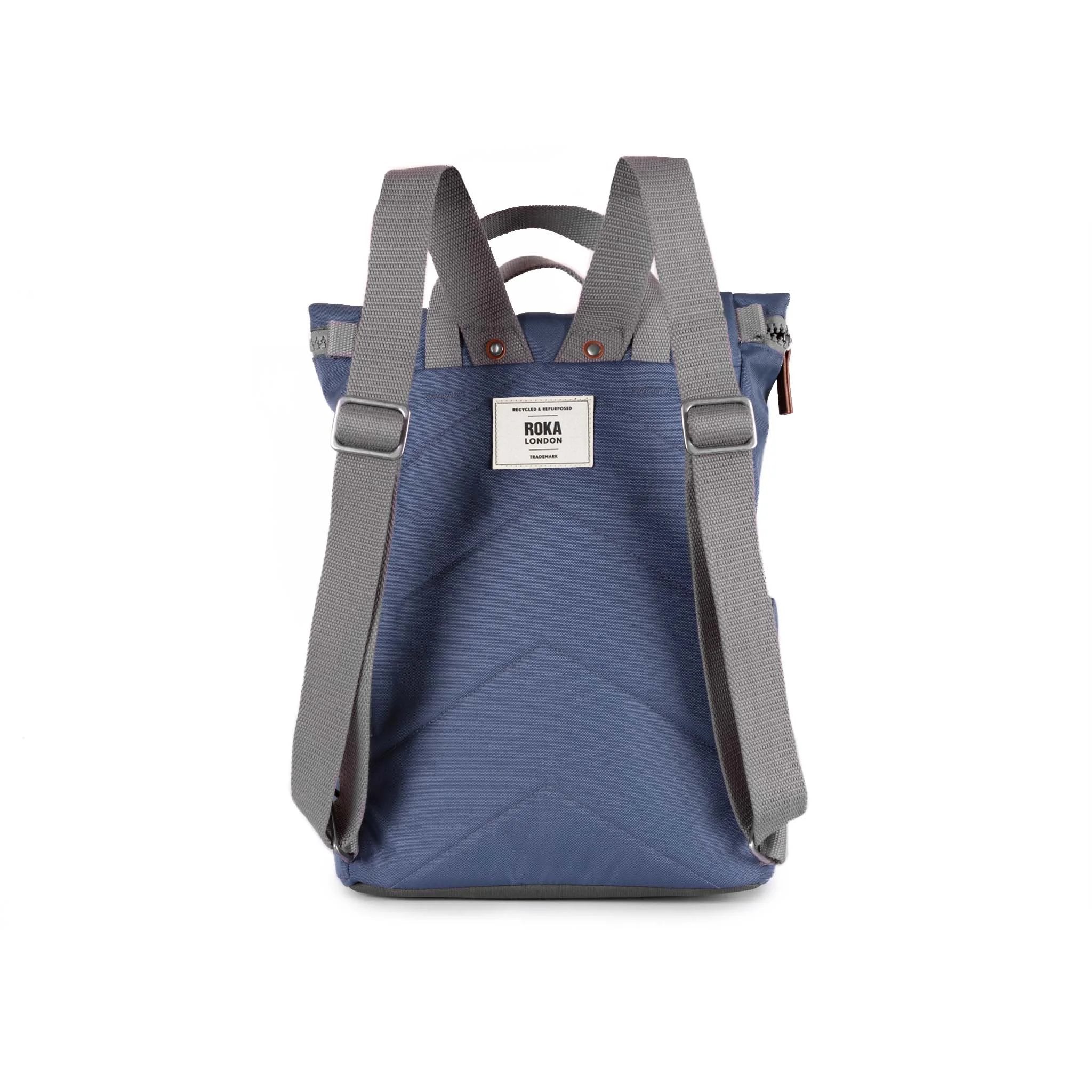 Roka Finchley Medium Airforce Recycled Canvas Backpack, back view.