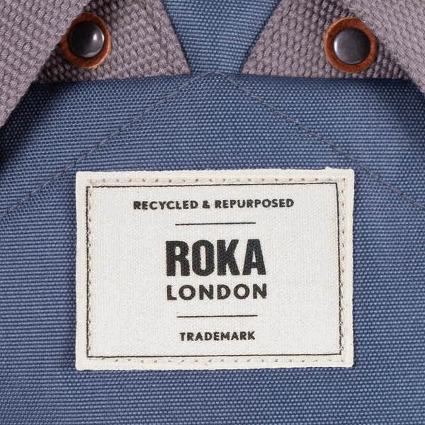 Roka Finchley Medium Airforce Recycled Canvas Backpack, brand label detail.