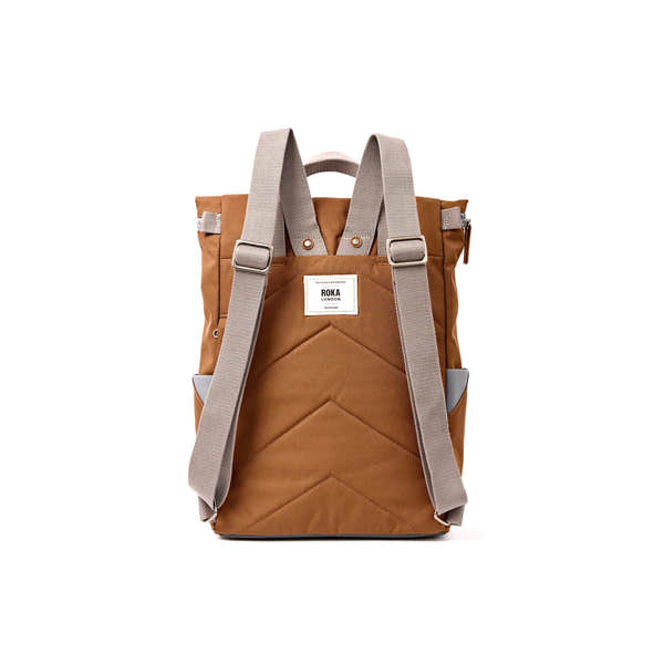Roka Finchley Medium Cinnamon Recycled Canvas Backpack, back view.