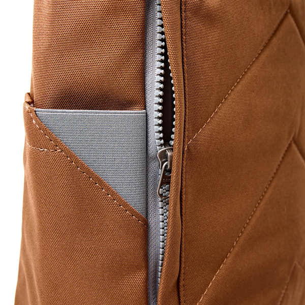 Roka Finchley Medium Cinnamon Recycled Canvas Backpack, hardware detail.