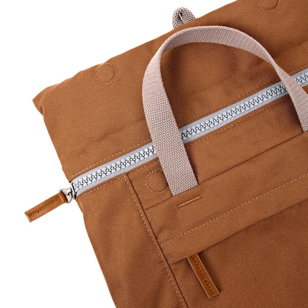 Roka Finchley Medium Cinnamon Recycled Canvas Backpack, zip detail.