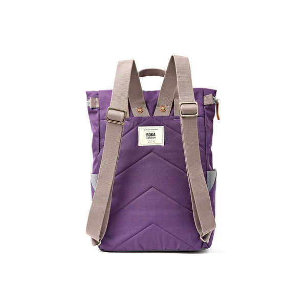 Roka Finchley Medium Deep Grape Recycled Canvas Backpack, back view.